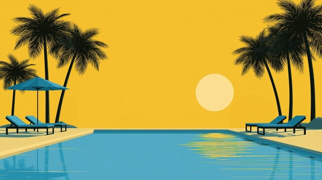 Vector illustration of tropical swimming pool with two blue lounge chairs under blue umbrella surrounded by palm trees at sunset