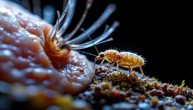 The image features a close up view of a tiny insect, likely a termite, on a textured surface that appears to be organic material