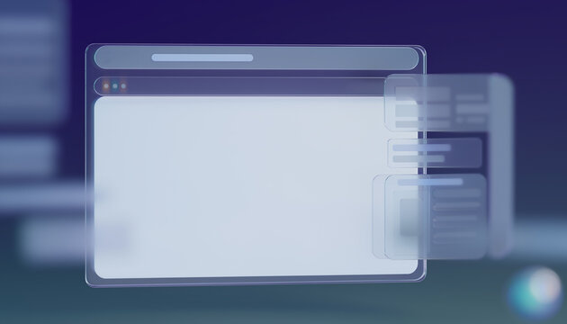 Clear frosted glass browser window frame floating on digital workspace illustration デジタルワークスペースに浮かぶ半透明なすりガラスのブラウザフレームイラスト