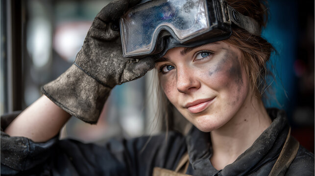 Female welding apprentice with goggles pushed up on her forehead and a grease smudged face smiling warmly in a close up workshop portrait