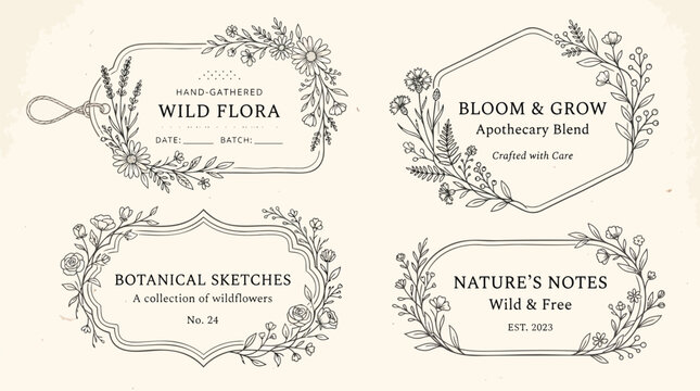 Botanical labels, vintage floral tags, wildflower stickers, nature notes