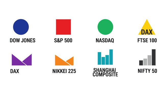 Stock Market Indexes Icons: Dow Jones, S&P 500, Nasdaq, FTSE 100, DAX, Nikkei