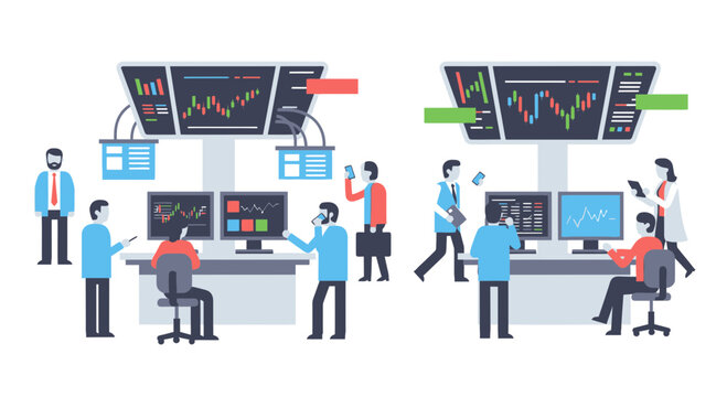 Stock Market Traders Analyzing Financial Charts on Computer Screens