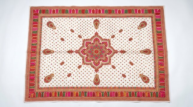 Traditional indian phulkari embroidery textile isolated on white background