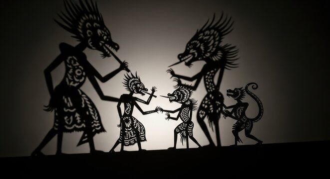 Intricate Shadow Puppets Perform Dramatic Scene Under Dim Lighting