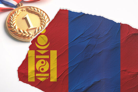 Gold Medal for First Place and Torn Paper Revealing the Flag of Mongolia, Symbolizing National Pride and Sporting Achievement