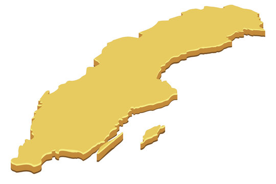 Vector artwork representing the 3D isometric yellow map of Sweden, symbolizing geopolitical territory, regional analysis, scandinavian travel, and education, (cut out)