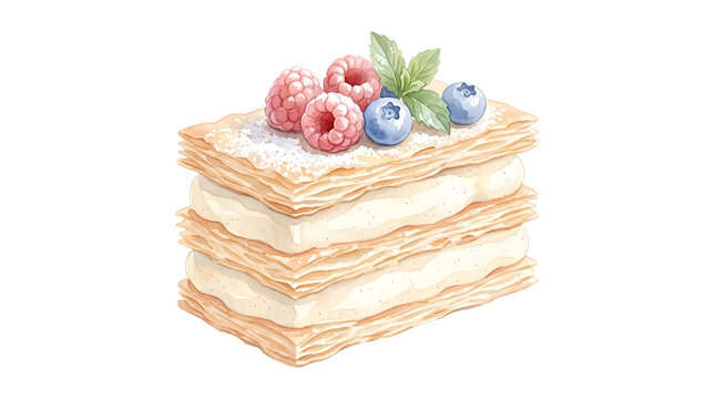 Watercolor mille-feuille pastry with berries isolated on black background