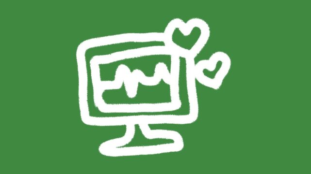 Medical monitor heart rate cartoon graphic with chalk outline computer display and ECG EKG waveform icon isolated on green screen background for telemedicine technology symbol and wellness line art.