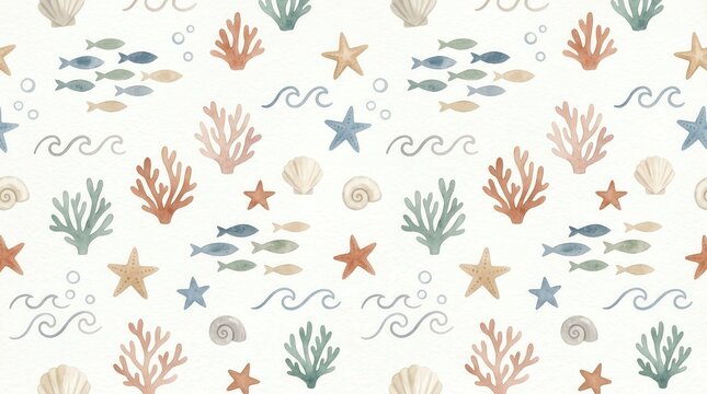 A seamless underwater pattern of painted starfish, corals, seashells, and fish swimming with waves