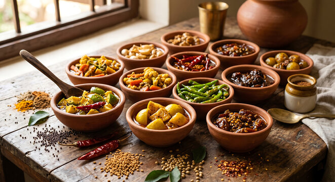 Oil of A rustic wooden table displays an assortment of traditional spices and dried ingredients in terracotta bowls