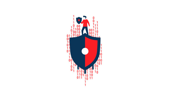 Cyber Security Protection Illustration, Man with Shield Guarding Binary Data Code, Digital Privacy and Network Defense Concept