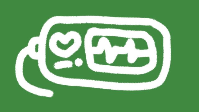 Medical heart rate monitor cartoon graphic with chalk outline ECG EKG machine icon isolated on green screen background for healthcare technology and wellness line art element concept.