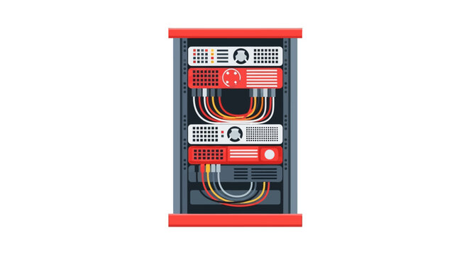 Modern Flat Vector Illustration of a Server Rack in a Data Center for IT Networking, Cloud Computing, and Web Hosting Services
