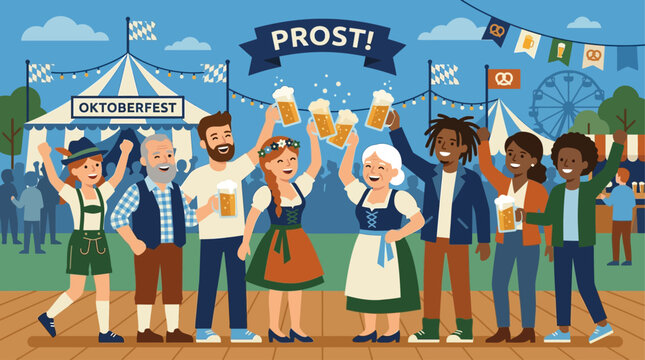 A heartwarming flat design illustration depicting a diverse, multigenerational group of people raising beer steins in a 'Prost!' gesture, celebrating Oktoberfest together. 