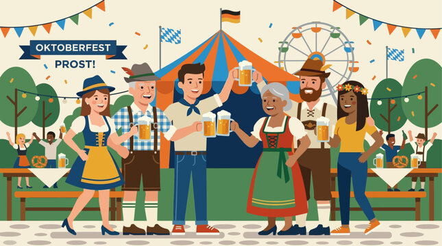 A heartwarming flat design illustration depicting a diverse, multigenerational group of people raising beer steins in a 'Prost!' gesture, celebrating Oktoberfest together. 