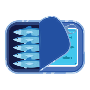 Can of sardines in flat style. Canned Fish on white background