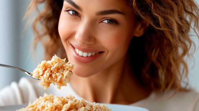 Smiling young woman eating rice from spoon, healthy nutrition concept with balanced diet, wellness lifestyle and positive relationship with everyday food