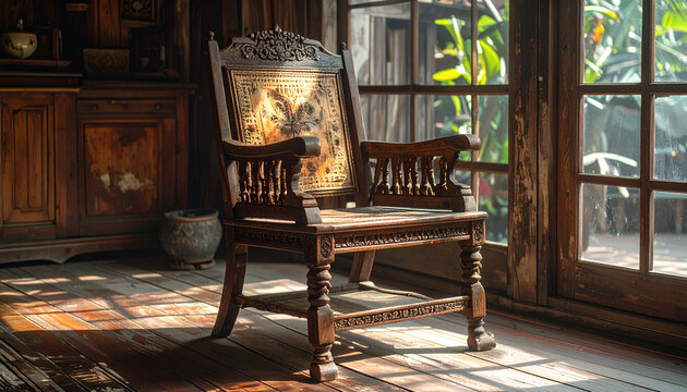 Vintage wooden chair in sunlit room with ornamental back and armrests