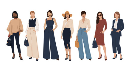 Obraz premium Group of stylish women in different outfits showcasing diverse fashion styles from casual wear to professional business attire in flat illustration.