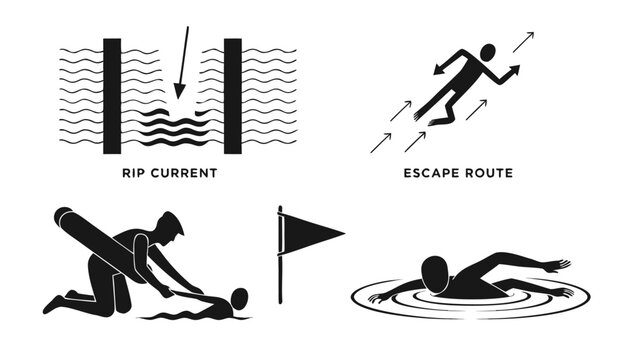 Water Safety Silhouette Icon Set &ndash; Rip Current Warning, Escape Route, Beach Flag, Swimming