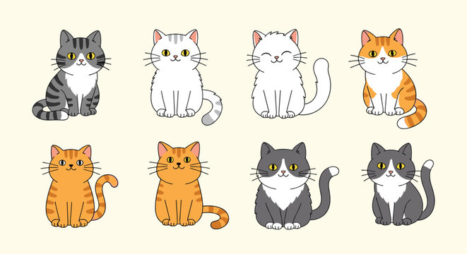 Set of eight adorable cartoon cats with various fur patterns including tabby, ginger, and grey sitting in rows on a pale background.