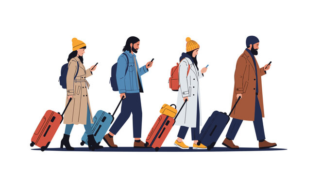 Diverse group of travelers walking with suitcases while checking their smartphones in a clean flat illustration.