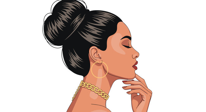 Side profile portrait of a stylish woman with a large high bun hairstyle, gold hoop earrings, and a thick chain necklace.
