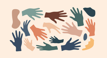 Fototapeta premium Creative abstract illustration featuring numerous hand shapes in different colors and positions on a pale pink background.