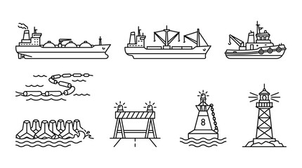 Collection of nautical and marine industry vector illustrations featuring ships, buoys, and safety equipment © CandyLove