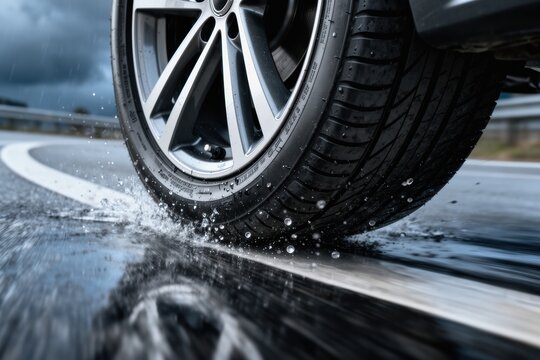Car tire splashing water on wet road during high speed cornering in rain