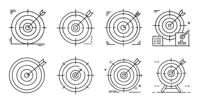 Target practice with bullseye illustrations - Set of colorful target illustrations showing bullseyes with different hit zones and arrows for shooting practice.
