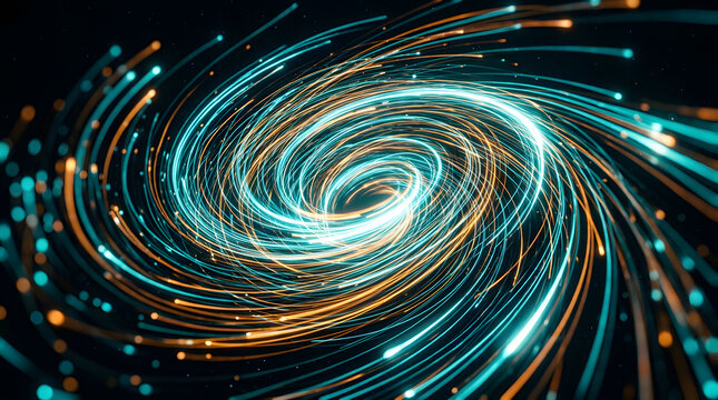 Futuristic cyan and orange light vortex | Abstract kinetic energy particles trails | High speed fiber optic data transfer background | Cosmic space wormhole spiral illustration