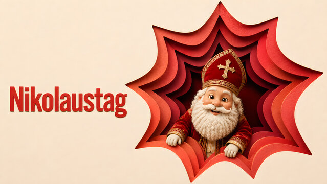 Benevolent traditional figure in red robes and white beard, emerging from a layered paper art design, symbolizing festive joy and generosity