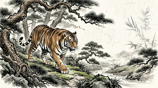 Ink illustration of a tiger walking in a landscape with pine trees and a river