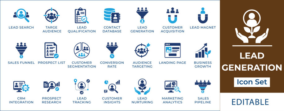 Lead generation icon set featuring sales funnel marketing, customer acquisition magnet, target audience filtering, lead nurturing, CRM management, and business growth analytics.