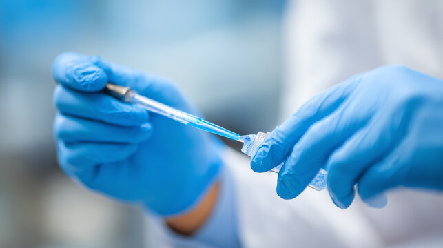 Close-up of blue-gloved hands holding a small dental applicator brush for a fluoride treatment against a soft bright clinical background