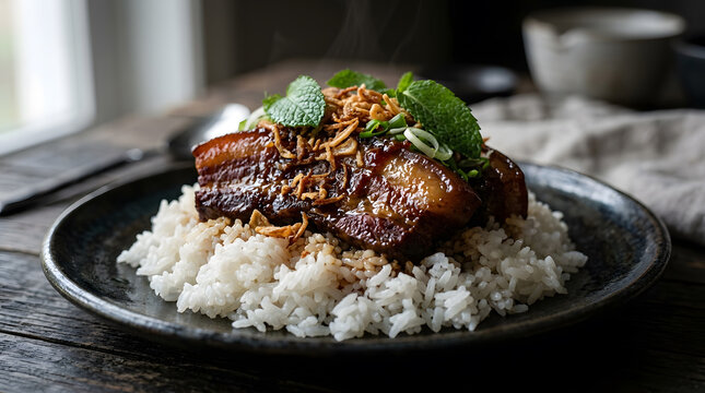 Slow braised pork belly over steamed white rice | Traditional Asian pork belly bowl with fried shallots | Delicious glazed pork belly and rice dinner |Gourmet pork belly donburi on rustic wooden table