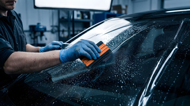 professional car window tinting installation | automotive windshield protective film application | technician using squeegee for window tint | car window tinting service in workshop
