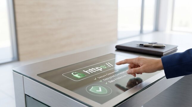 Business professional interacting with secure https connection interface on modern touchscreen display in office