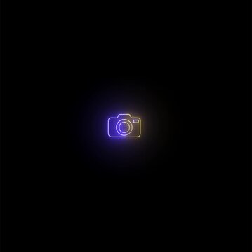 Neon glowing camera outline icon on black background a simple featuring light effects, isolated on a dark background, representing