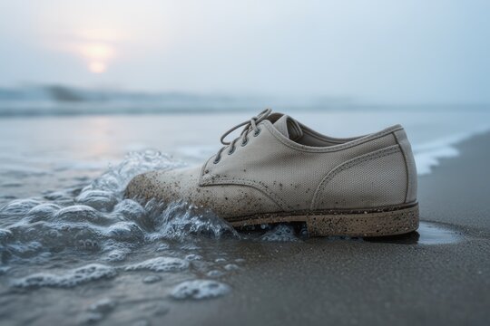Shoe on wet sand with gentle waves and soft sunrise light by the empty shore