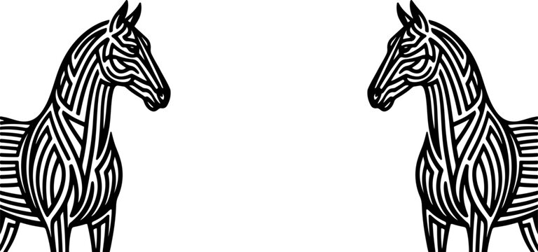 A symmetrical illustration featuring two stylized horse heads facing each other, designed with intricate linear patterns and geometric shapes in black and white.