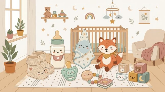 A soft colored baby nursery features a crib, armchair, bottle, toys, and charming decor