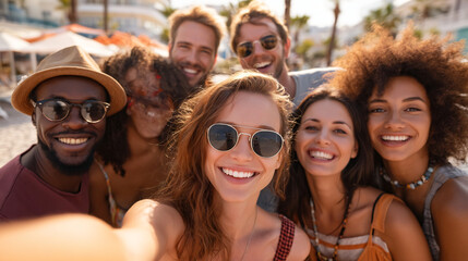 Fototapeta premium Summer Vacation Selfie: A vibrant group of diverse friends shares a joyous selfie, capturing the essence of a sun-drenched beach vacation and the pure happiness of togetherness.