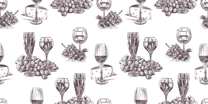 Wine glasses ripe grape bunches cheese hand drawn seamless pattern, vector background, wallpaper, paper