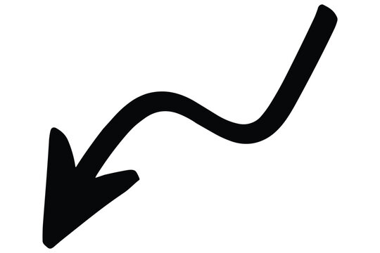 Curved wavy arrow pointing down left in black isolated on transparent background design element