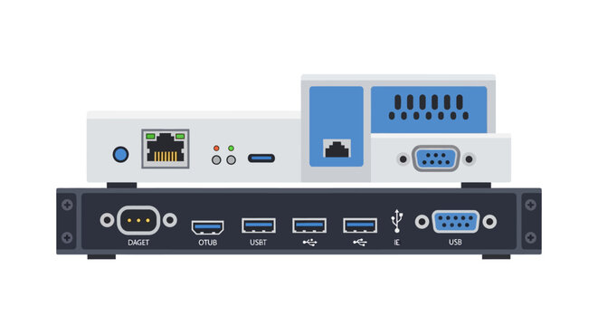 Flat Vector Illustration of Computer Networking Hardware and Peripheral Interface Ports