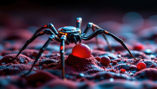 The image features a detailed close up of a robotic spider with multiple legs, positioned on a textured surface resembling terrain with scattered round objects