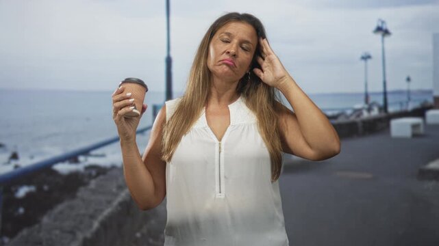 Woman in sleeveless white top holds a takeaway coffee cup and shrugs with palm up near lamp posts on a seaside street; indifference resignation.
